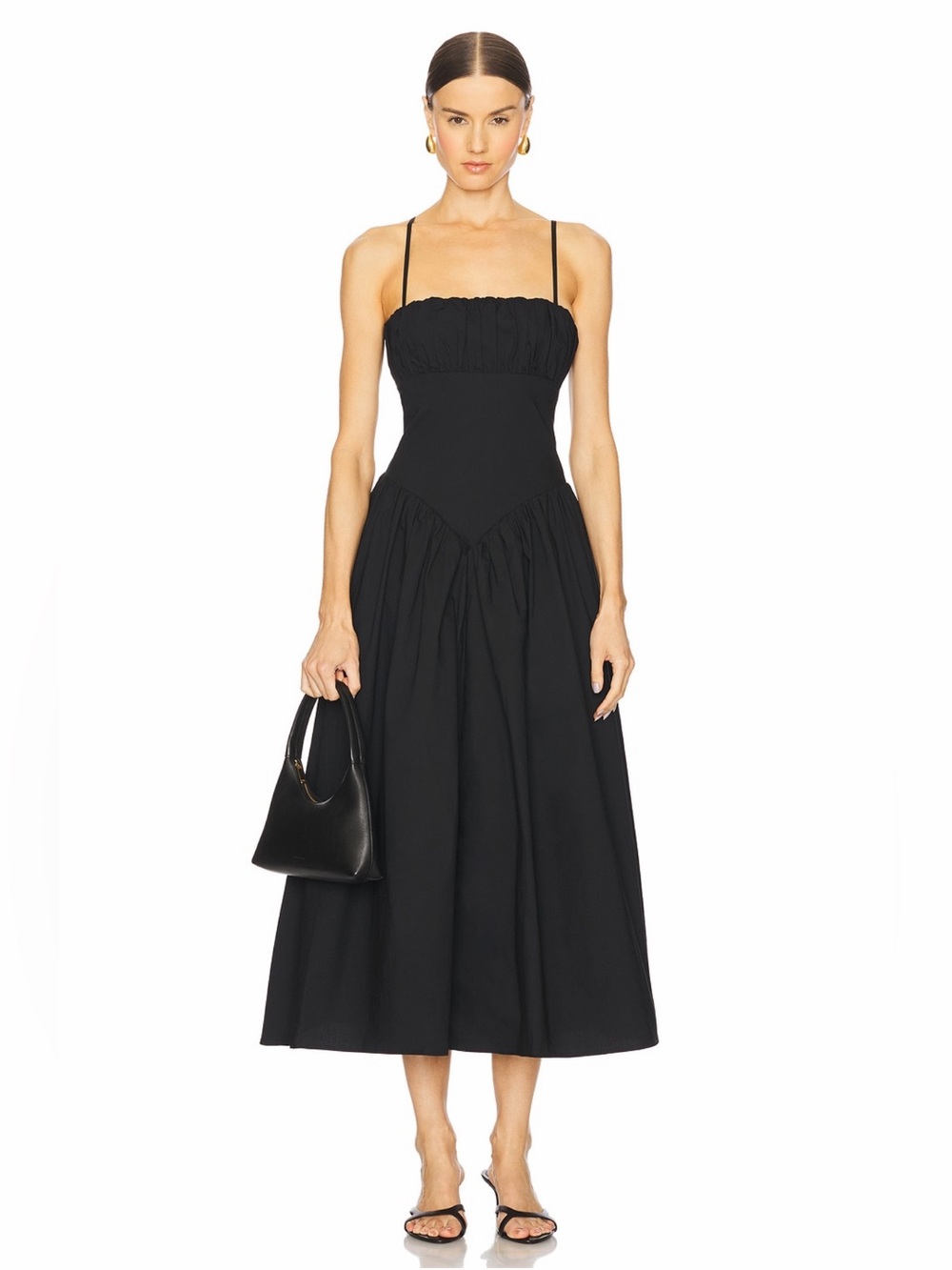 Majorelle Revolve Austin Black Ruched V-Waist A-Line Poplin Midi Dress XS NWT